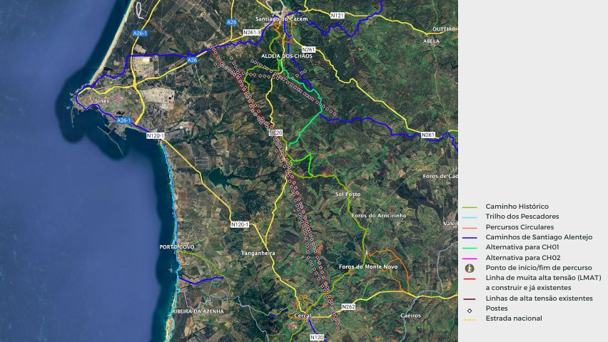 Mapa dos Trilhos Pedestres e Percursos Cicláveis da RV, dos Caminhos de Santiago do Alentejo e das LMAT existentes e a serem construídas