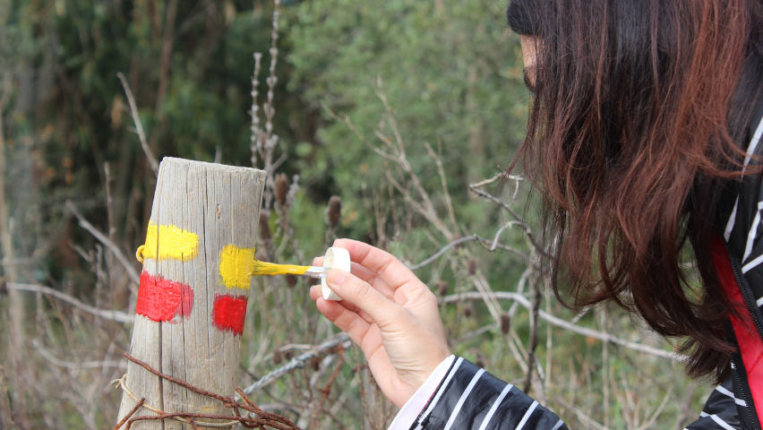 Voluntária pinta marcas num poste